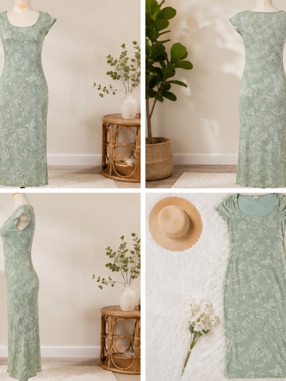 Light Sage Floral Cap-Sleeve Maxi Dress